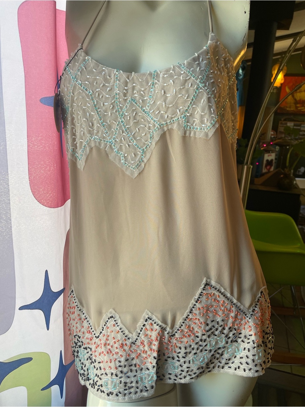 BKE Beige top with Pastel Mint & Coral Beaded Embroidery